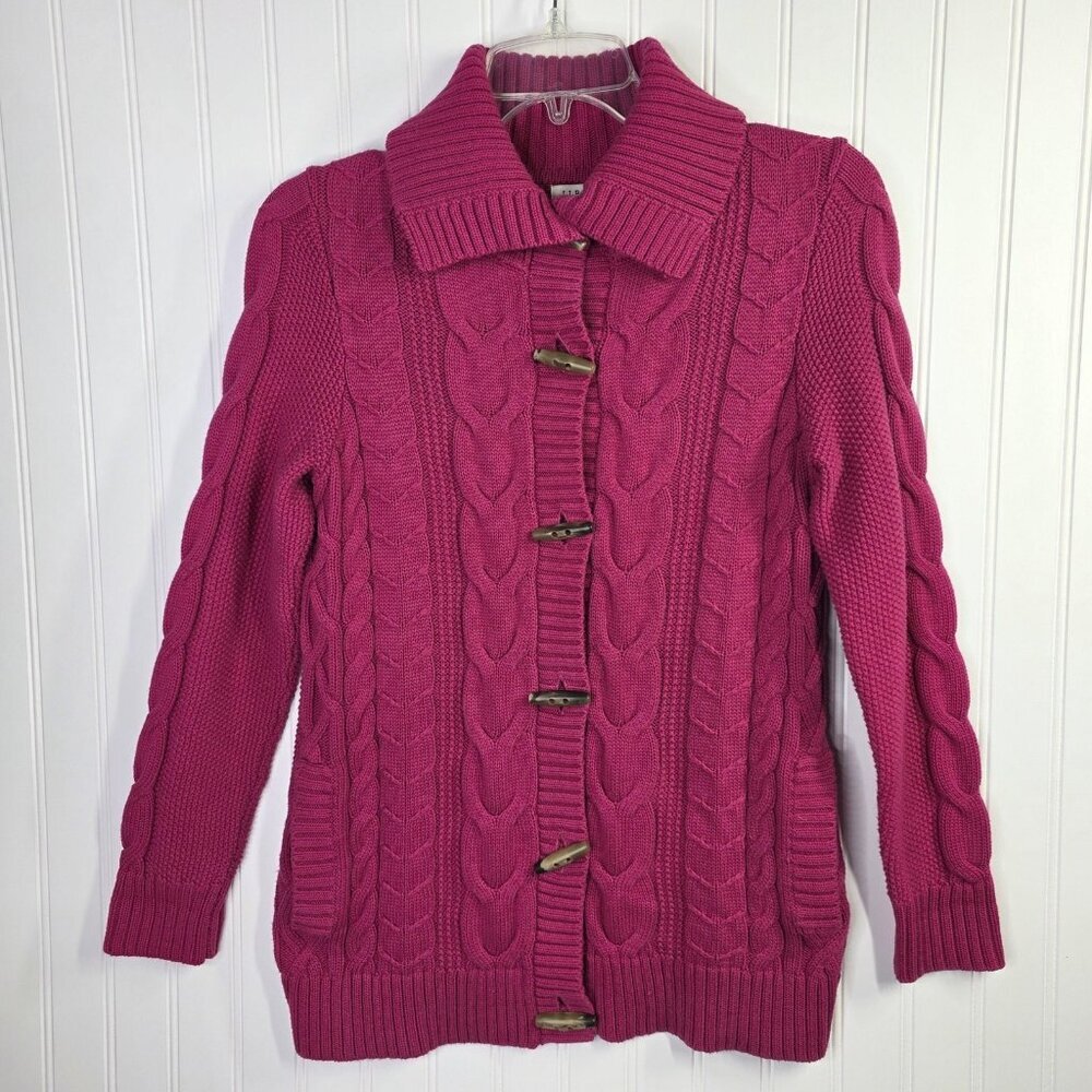 LL Bean Sweater Jacket Womens Small Petite Pink Cable Knit Toggle Fisherman